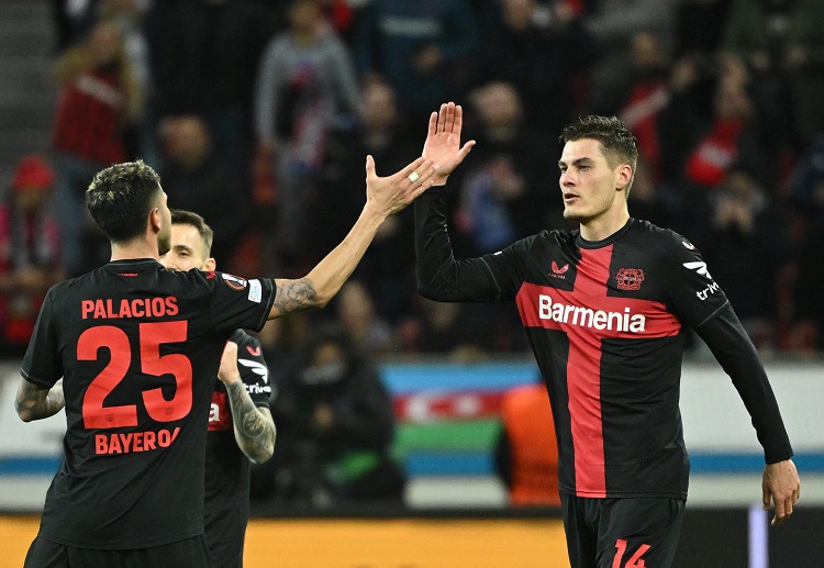 Bayer Leverkusen forward Patrik Schick celebrates after scoring a brace during the Europa League match against Qarabag